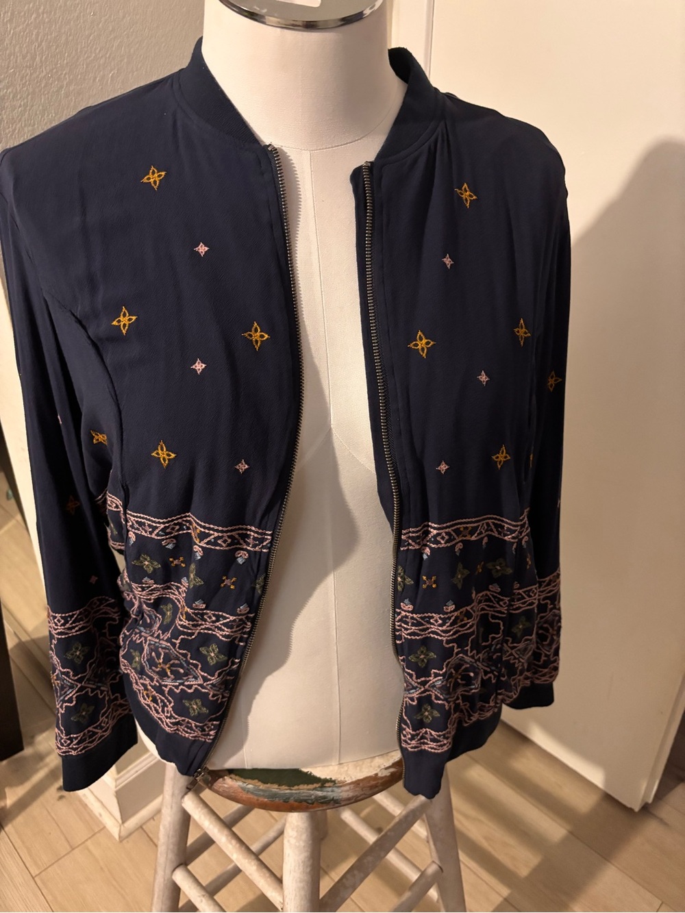 Knox Rose Navy Embroidered Bomber Jacket with Gold & Pink Accents